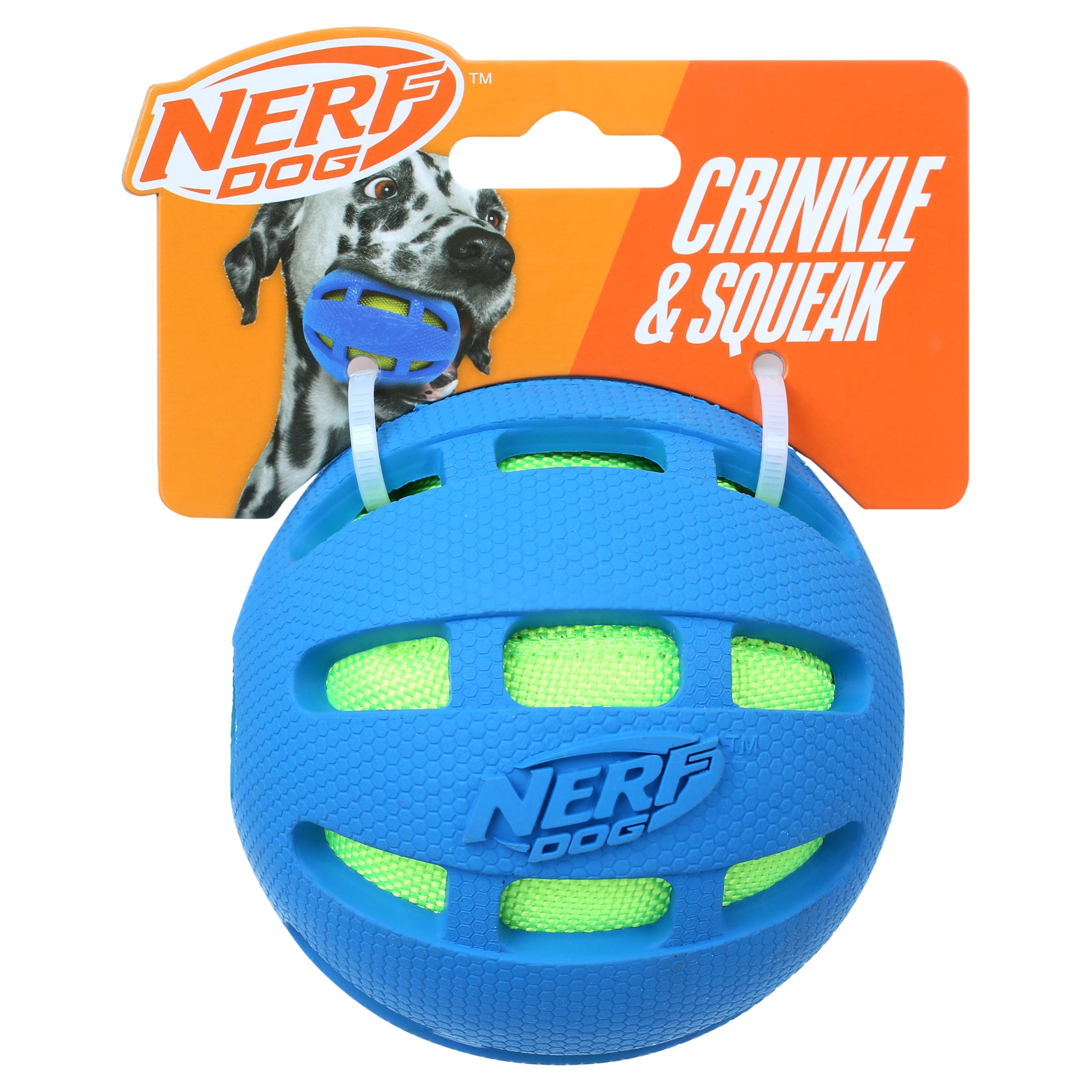 (2 pack) Nerf Dog Checkered Crunch Ball Toy for Pets - Blue & Green, 3.8 Inch