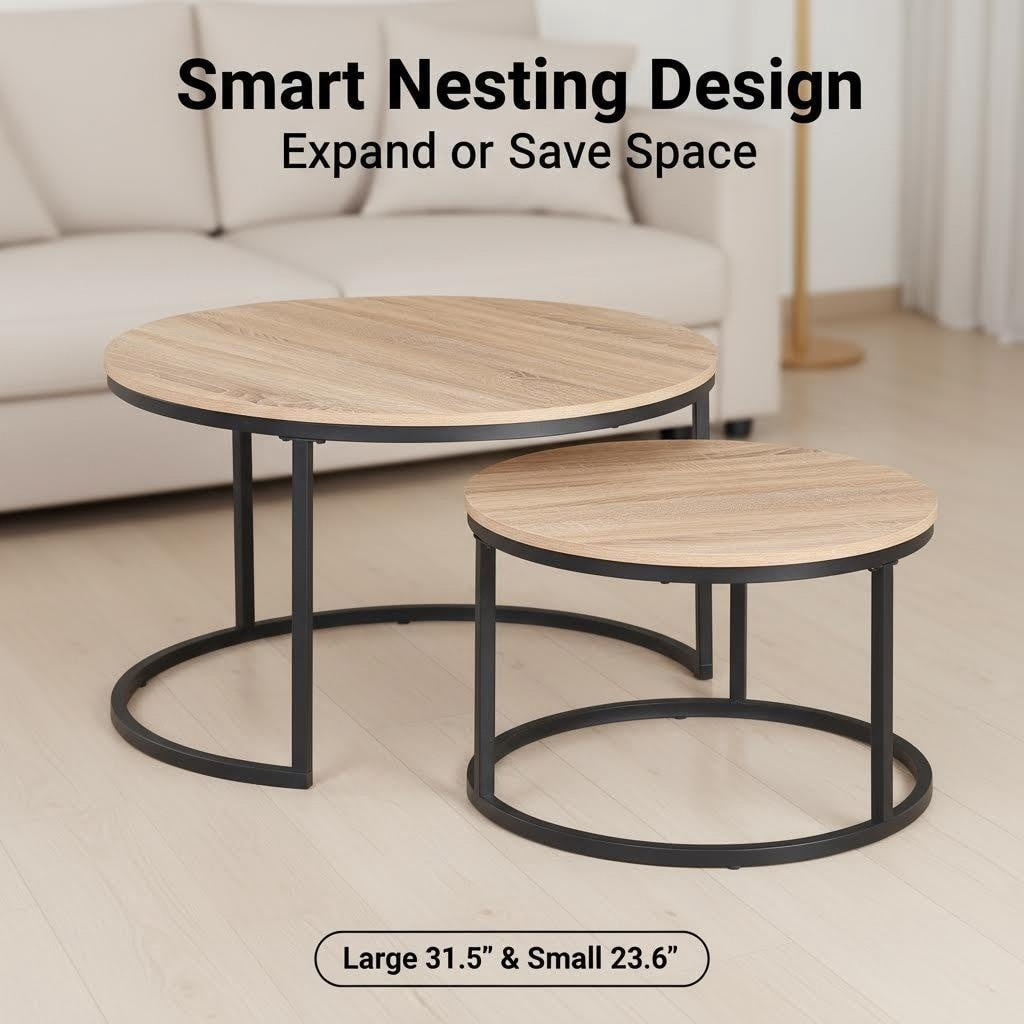 CENSI Round Nesting Coffee Table Set of 2, 31.5" Natural Oak Wood & Metal Frame, Modern Industrial Stacking Center Tables for Living Room, Scandi Boho Decor, Sturdy Circle Accent Furniture