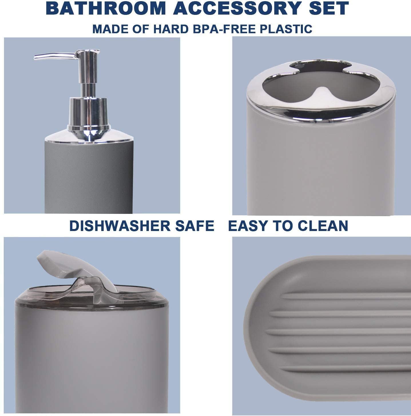 IMAVO Bathroom Accessories Set, 6-Piece Plastic Gift Set, Toothbrush Holder,  Toothbrush Cup, soap Dispenser, soap Dish, Toilet Brush Holder, Trash can  (Grey) – MOORE LA GROUP LLC