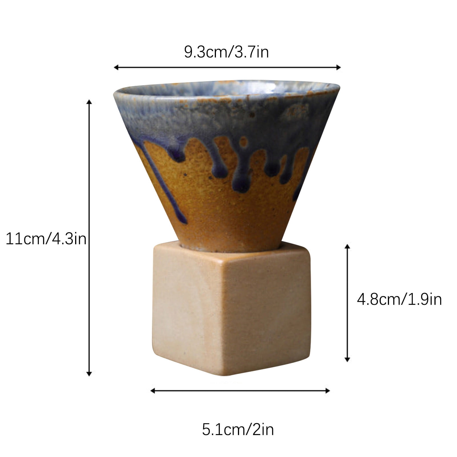 Coarse Pottery Coffee Mugs, Japanese Style Ceramic Tea Cups Triangular Cone Shape Porcelain Retro Mug with Square Base Heat Resistant Funnel Mugs Espresso Latte for Home Picnic Office