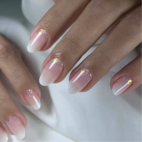 Yiran 24Pcs Pink Gradient White Glitter Short Oval Press On Nails
