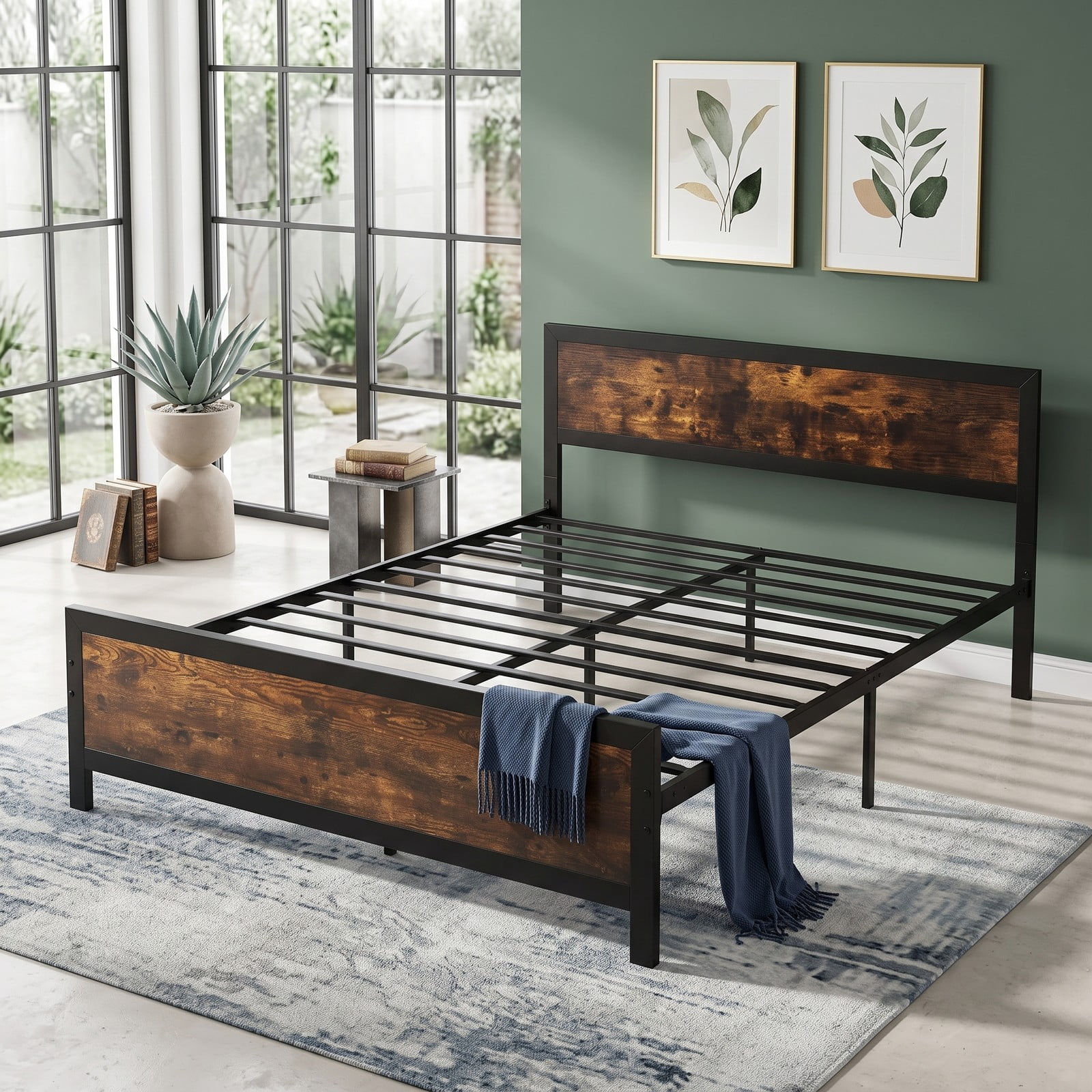 Furnibear Queen Size Bed Frame Metal Platform Bed with Wood Panel Headboard and Footboard, Under Bed Storage No Box Spring Needed, Rustic Brown