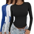 thumbnail image 2 of Women's Long Sleeve Crop Top 3-Pack, Slim Fit Basic Tee, Solid Color Round Neck Layering Shirt for Streetwear, Daily Casual Wear and Y2K Fashion Outfits P XS, 2 of 8
