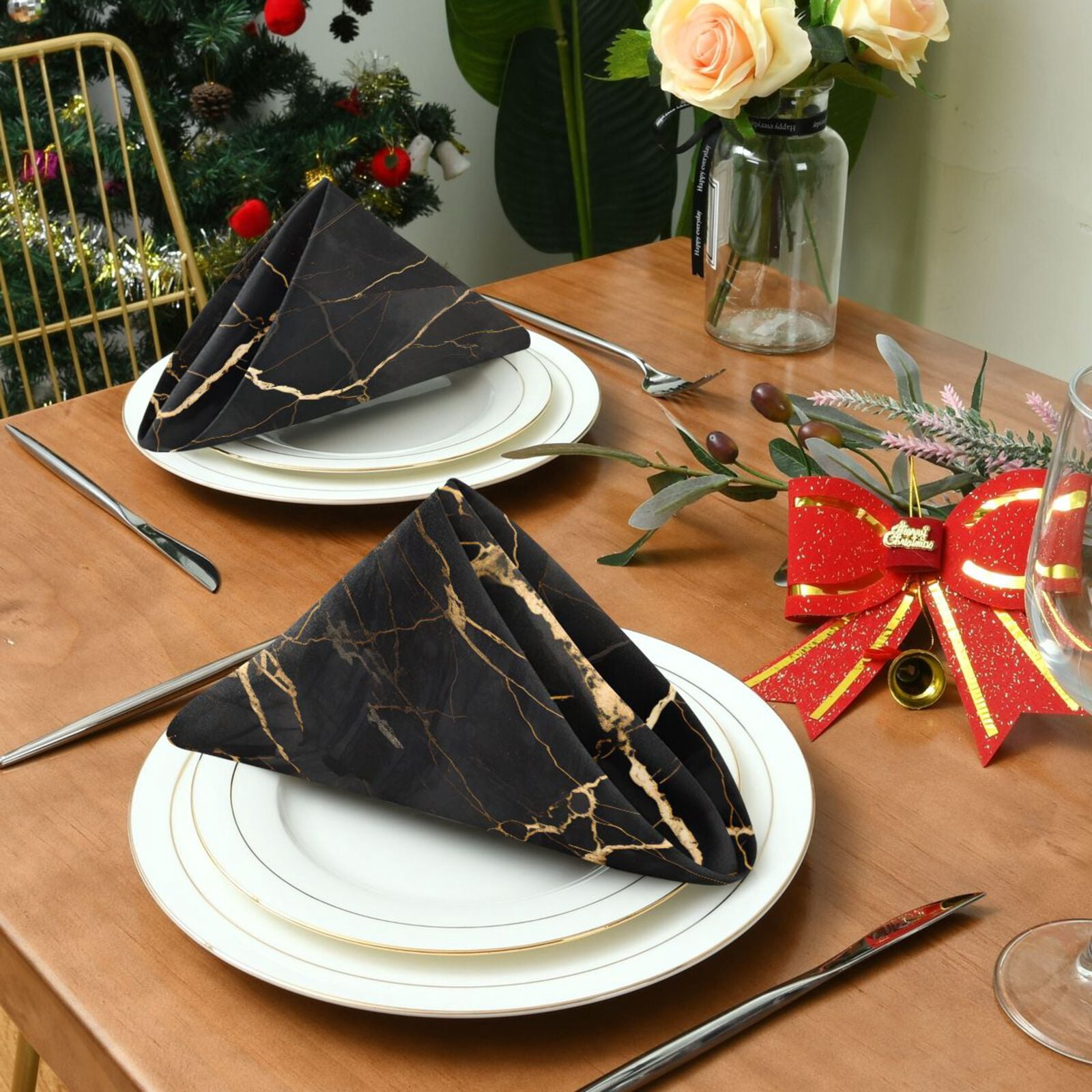 JSTEL Black & Gold Marble Art Cloth Napkins Set of 6, 20x20 Inch Washable and Reusable Napkin for Decoupage Dinner Party Everyday Use