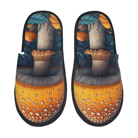 Balery Vintage Blue Leaf Mushroom Slient Indoor Furry Fleece Comfort House Shoes Soft Non-Slip Home Shoes Cotton slippers House Slippers-- Large