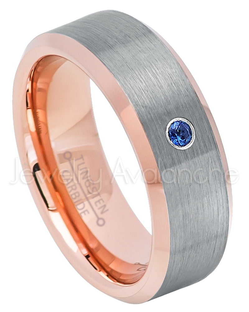 September Birthstone Ring 8MM Comfort Fit Matte 2-Tone Black & Rose Gold Stepped Edge Tungsten Carbide Wedding Band Jewelry Avalanche 0.07ct Blue Sapphire Tungsten Ring