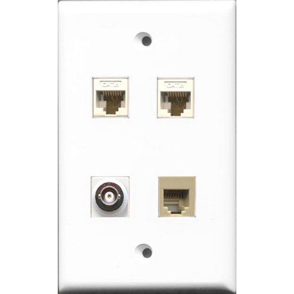 RiteAV 1 Port Phone RJ11 RJ12 Beige and 1 Port BNC 2 Port Cat6 Ethernet White Wall Plate