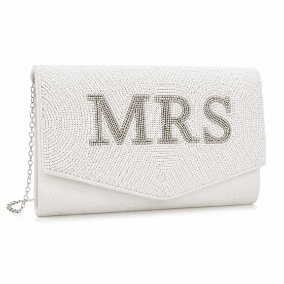 White Mrs. Clutch Purse - Elegant Beaded Wedding Clutch Bag for Brides and Bridesmaids, Perfect Bridal Gift for Weddings, Engagements, and Bachelorette Parties