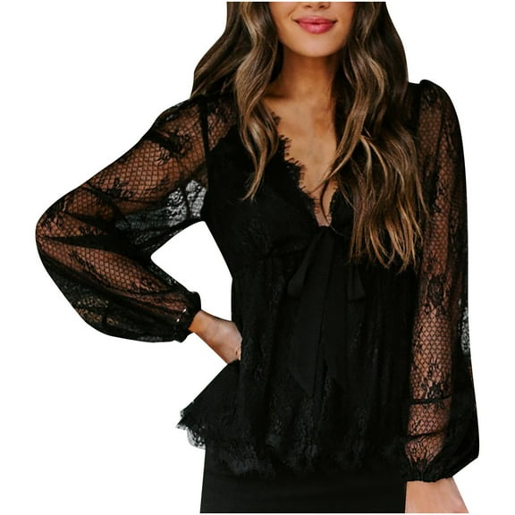 LEAVINGSUO Fall Winter V Neck Long Tops for Women, Womens Tops Fashion Women Solid Lace Long Sleeve Lace Patchword V-Neck Short Blouse