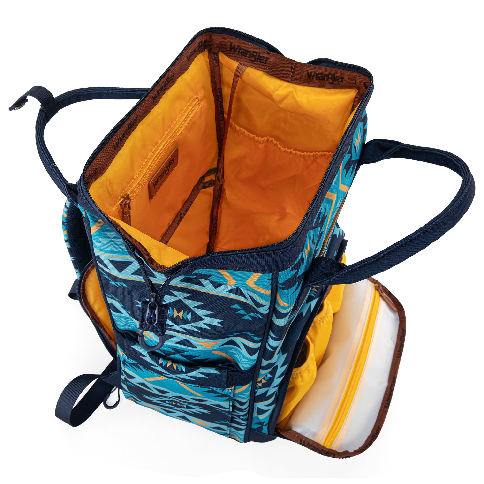 Wrangler Aztec Travel Backpack Baby Bag for Women with Stroller Strap and Side Bottle Pockets Organized Diaper Bag, Navy