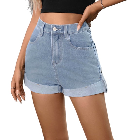 BUIGTTKLOP Jeans Shorts for Women High Waisted Denim Shorts Folded Hem Stretchy Slim Fitted Summer Shorts