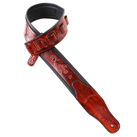 Walker And Williams GB-21 Bourbon Red/Brown Padded Guitar Strap with Fleur De Lis & French Chain Design For Acoustic, Electric, A