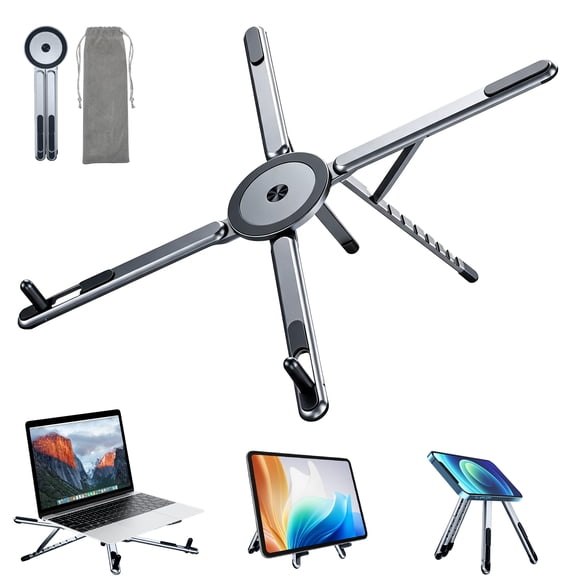 VEGCOO Portable Laptop Stand with Magnetic Phone Stand & Tablet Stand, 3-in-1 Foldable Aluminum Laptop Riser with 8-Level Height Adjustment, Travel Laptop Holder for Up to 16” Laptops & Tablets
