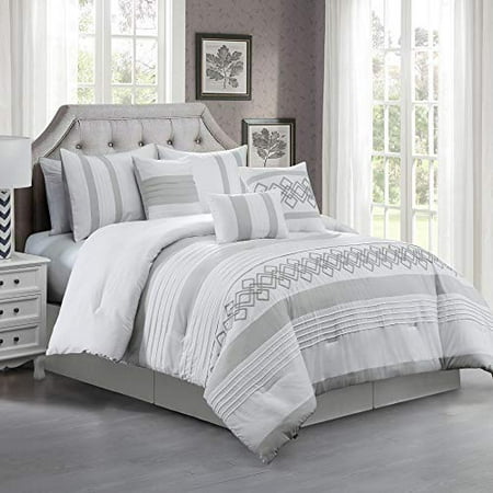 Grey Striped Comforter Set Chezmoi Collection Ariel 7-Piece Gray White Geometric Chenille Embroidery Pleated Striped Comforter Set ()