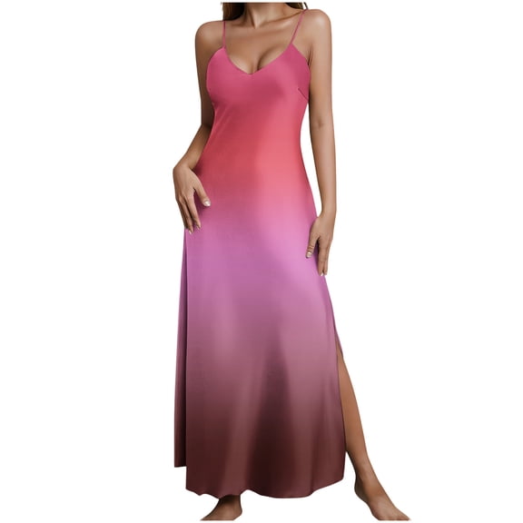 Plus Size Nightgown for Women New Women’s Satin Nightgown Gradual V-Neck Spaghetti Strap Sleep Dress Casual Comfy Side Split Long Nightwear
