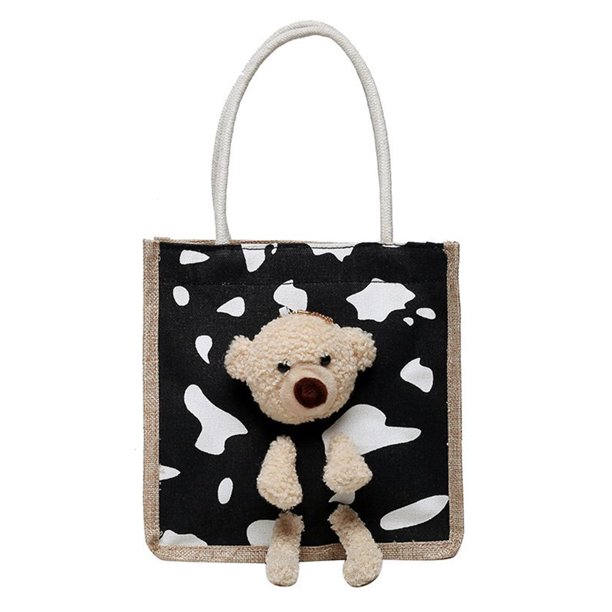 Sywqhk Bolso De Lona Con Asa Superior De Vaca Para Mujer Con Bolso De Mano Con Muñeco De Oso De Peluche (Vaca Negra) Sywqhk Para estrenar