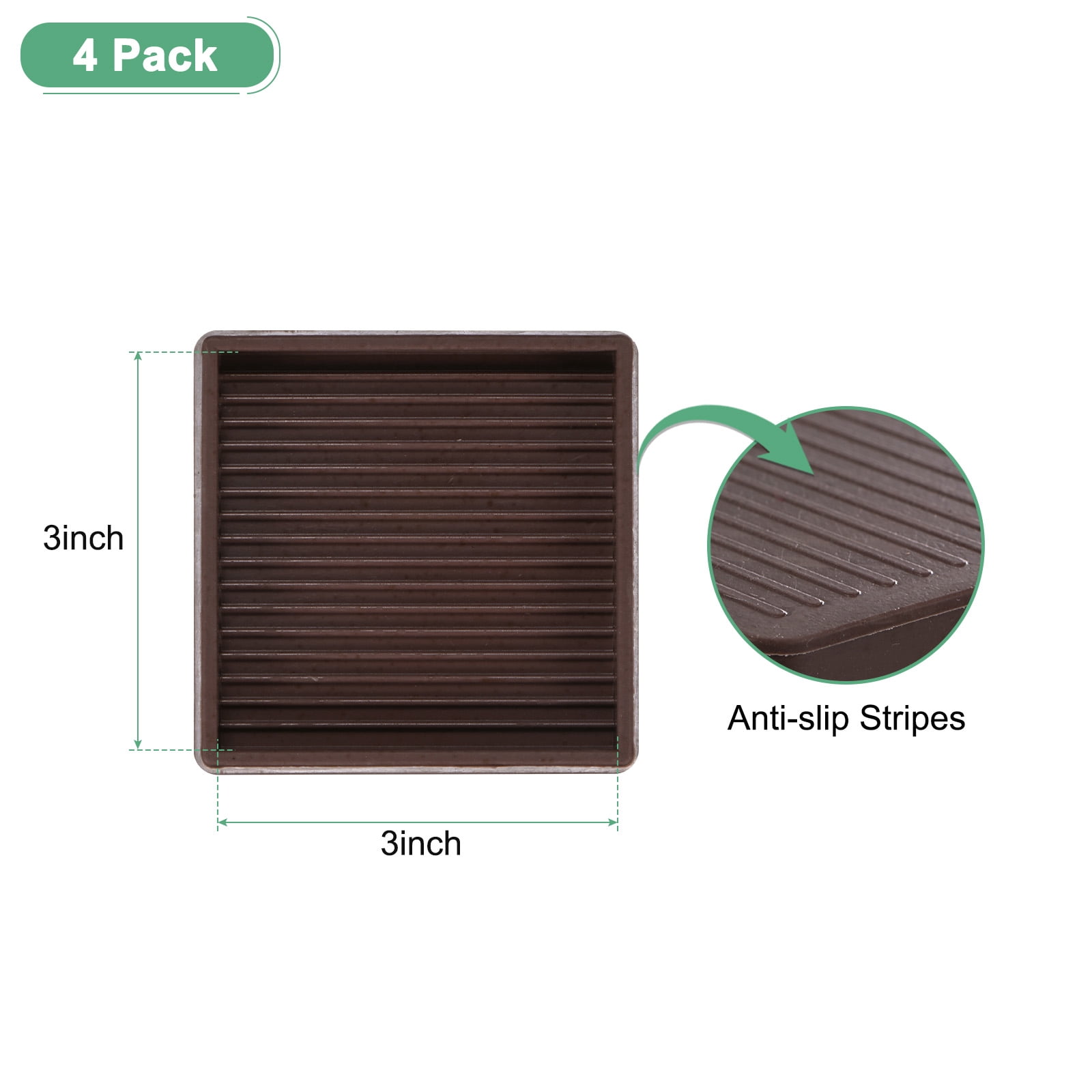4-Pack Furniture Coasters Cups 3" Square Rubber Anti Slide Floor Protector Pads for Sofa Chair/Piano Stopper Furniture Caster Leg Non Slip Feet Cups [Brown]