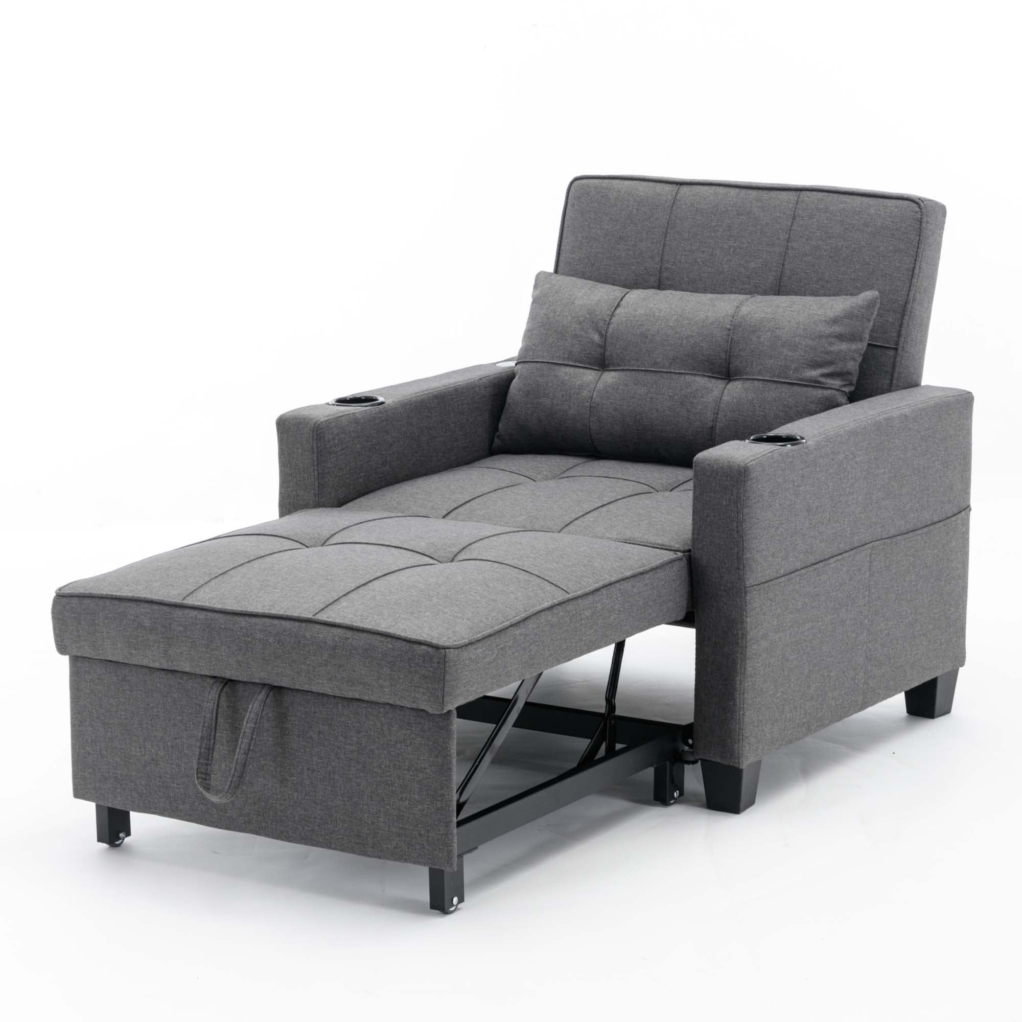 Aukfa Convertible Sleeper Sofa Chair, Futon Chair Bed with USB Ports and Cup Holders for Living Room - Gray