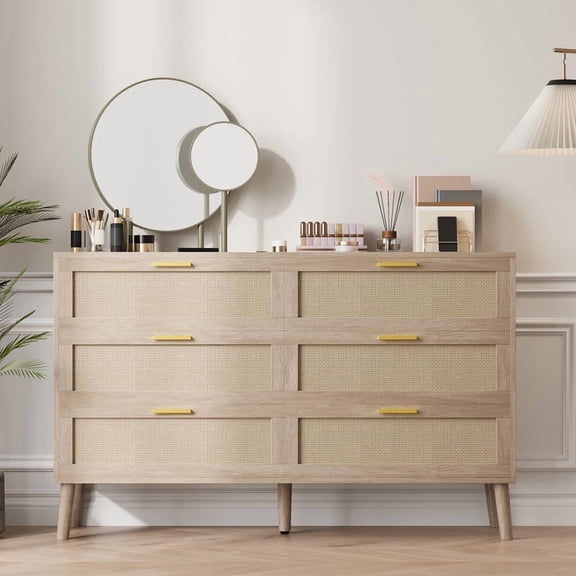 TROPOW 6-Drawer Natural Rattan Dresser with Golden Handles - Farmhouse Wood Chest of Drawers for Bedroom, Living Room, Entryway & Hallway