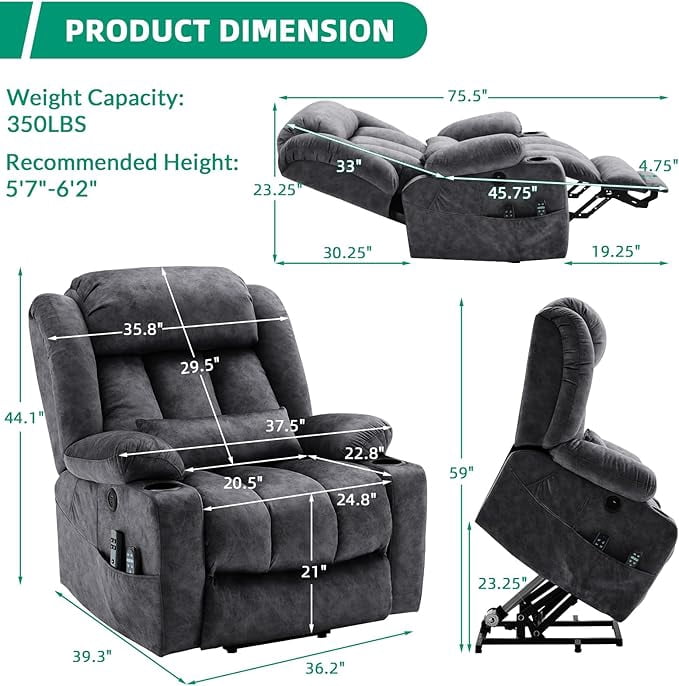 VIVIJASON Tall Man Dual Motor Power Lift Recliner, Oversized Lay-Flat Sleeper with Extended Footrest, Heat, Massage, Lumbar Pillow & USB/Type-C, Plush Grey