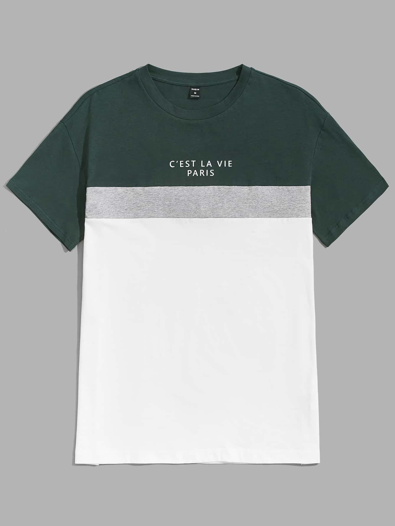Casual Multicolor Men Slogan Graphic Colorblock Tee Multicolor S(4) S033X