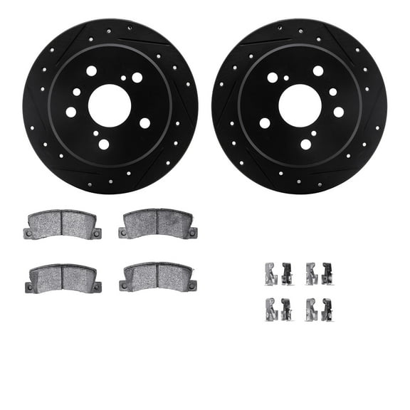 Dynamic Friction Company Rear Brake Rotors-Drilled and Slotted-Black with 5000 Advanced Brake Pads includes Hardware 8512-76056