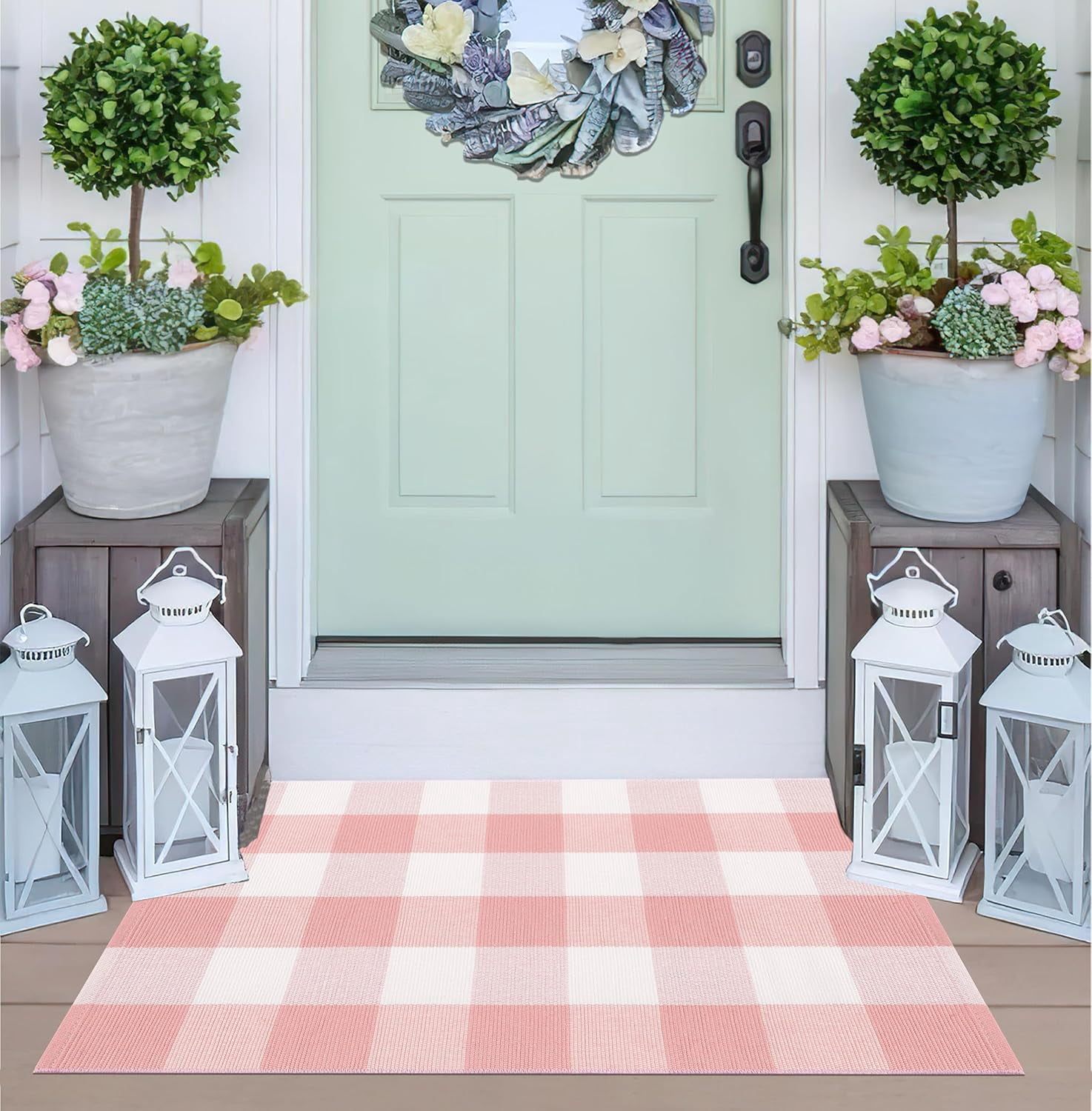 Pink and White Buffalo Outdoor Rug 24''X35'' Checkered Plaid Front Porch Rug Machine Washable Door Mat Outdoor for Layered Doormat Hello Welcome Door Mat Kitchen Farmhouse Entryway