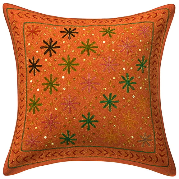 Stylo Culture Indian Couch Throw Pillow Cover 16x16 Sequins Gold Zari Embroidered Orange Ethnic 40cm x 40cm Home Decor Cotton Floral Square Cushion Cover | 1 Pc