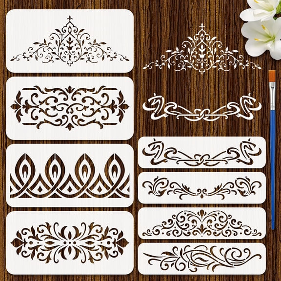 8Pcs Art Nouveau Decorative Patterns Stencil with Brush 11.8x5.9/11.8x3inch Corner Border Stencils Flower Stencil DIY Decorative Stencils Template