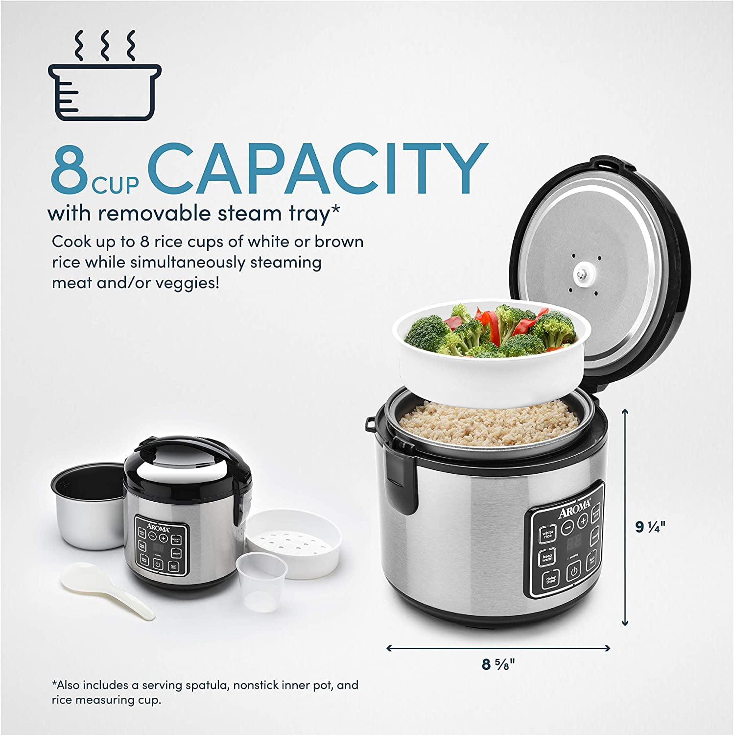 Digital Food Steamer Rice Food Cooker 2-8-Cups Easy Fast Cooking Stainless Steel 