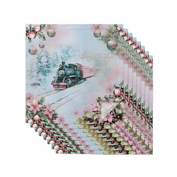 Pink Blue Christmas Cloth Napkins Set of 8, Xmas Train Snowflake Botanical Washable Reusable Dinner Cocktail Napkin for Kitchen Party Wedding Banquet Holiday Baby Shower Table Decor