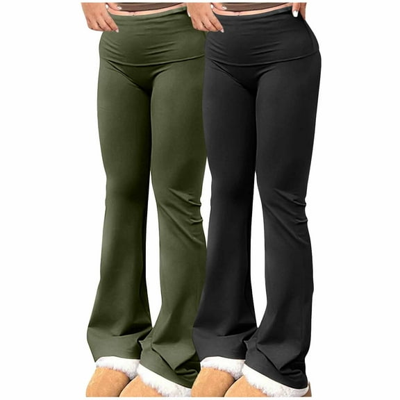 Qulqfy Green Womens Pants Casual High Waisted Flared Long Stretch 2 Pack Slim Fit Solid Leggings Women's Pants Jeans L