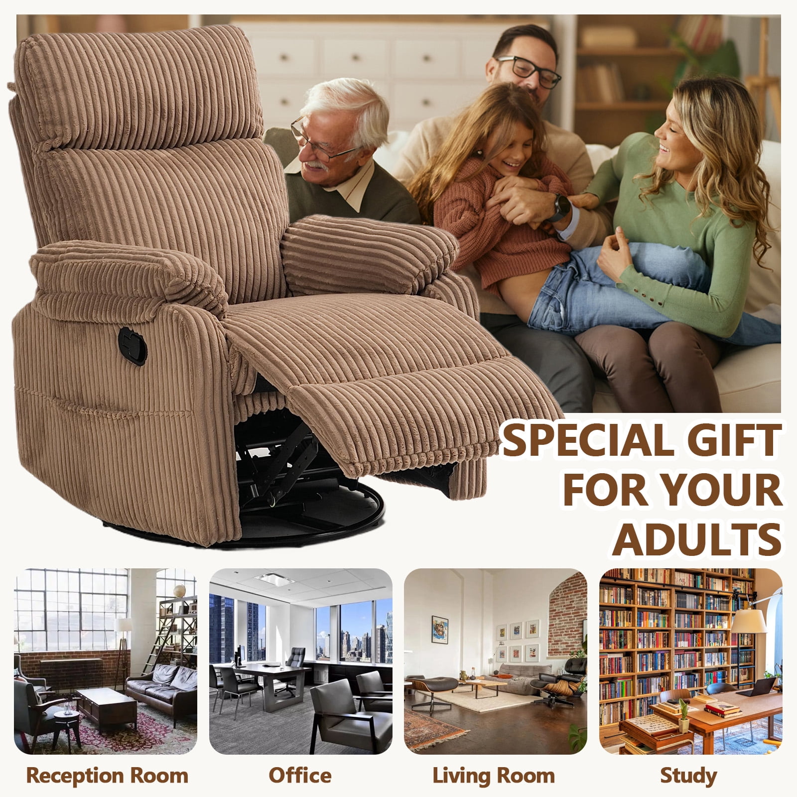 Leumius Swivel Recliner Chair,360° Swivel Rocker Chair for Living Room,Upholstered Nursery Glider Recliner Chair for Small Spaces,Manual Recliner for Adults for Home Theater,Brown