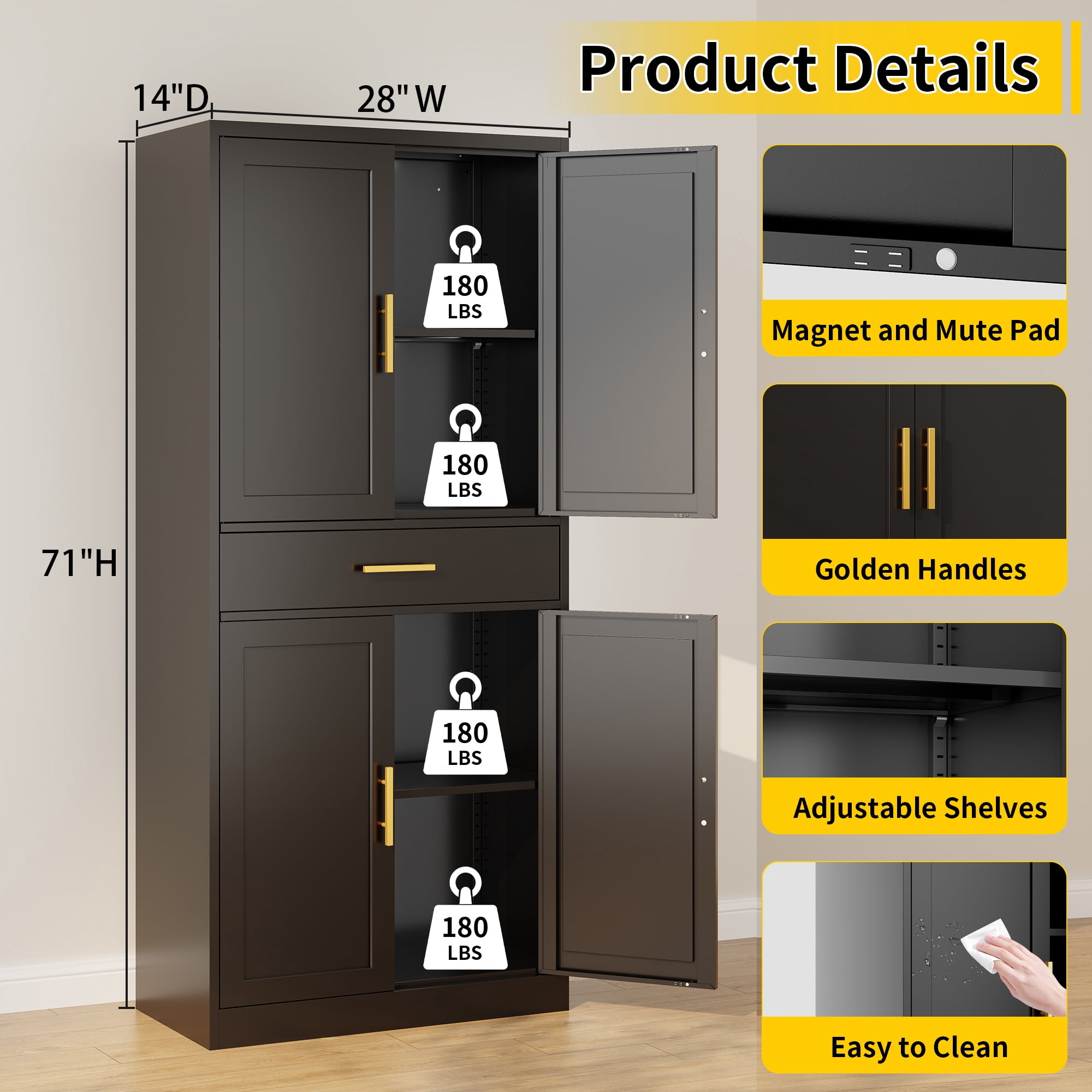 Metal Kitchen Pantry Cabinet, 71"Tall Cabinet with 1 Drawer, Doors and 2 Adjustable Shelves, Pantry Cabinets for Kitchen Storage, Metal Storage Cabinet for Kitchen, Dining Room, Living Room- Black