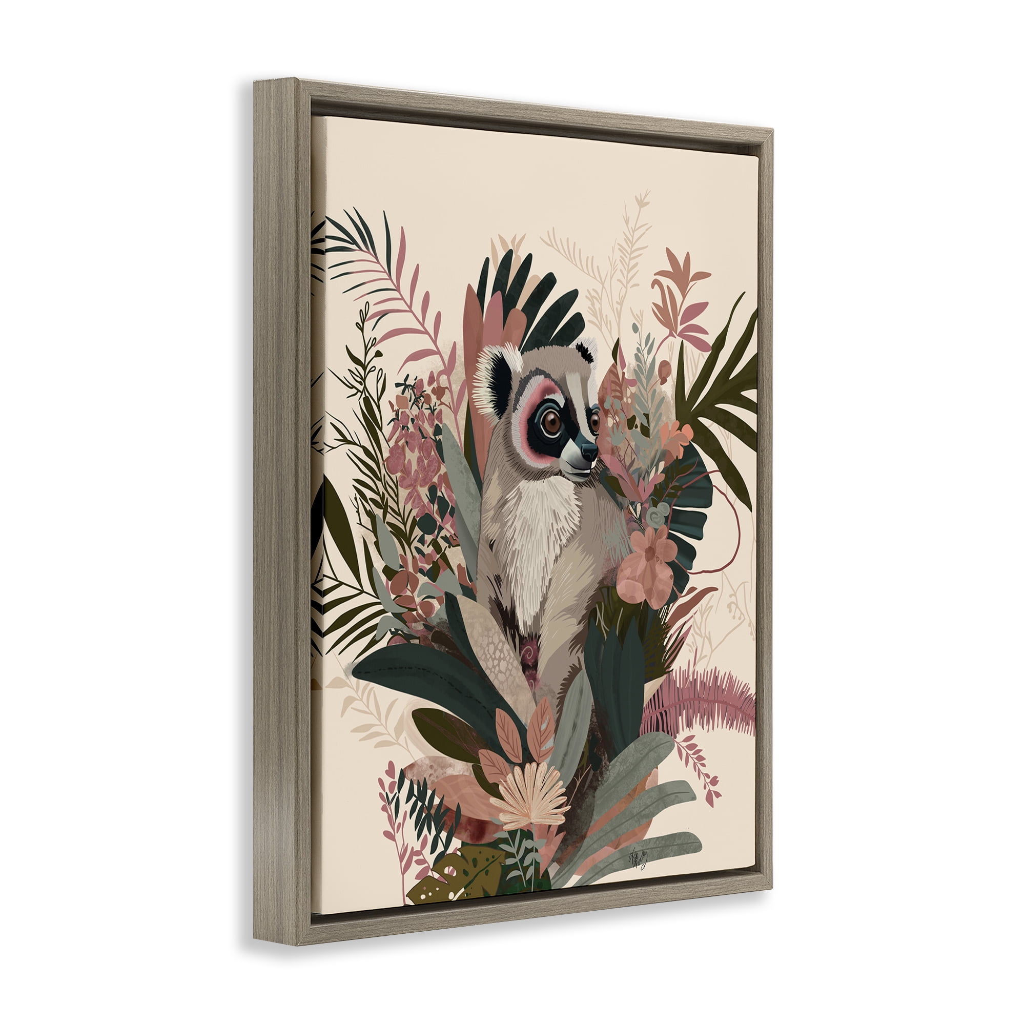 Stupell Industries Lemur with Hibiscus Plants Animals & Insects Painting Brown Floater Framed Canvas Art Print Wall Art, 25 x 31