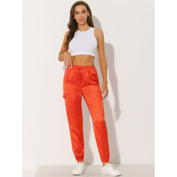Pantalones Cargo de Satén Sedoso de Tiro Alto para Mujer Naranja Brillante M