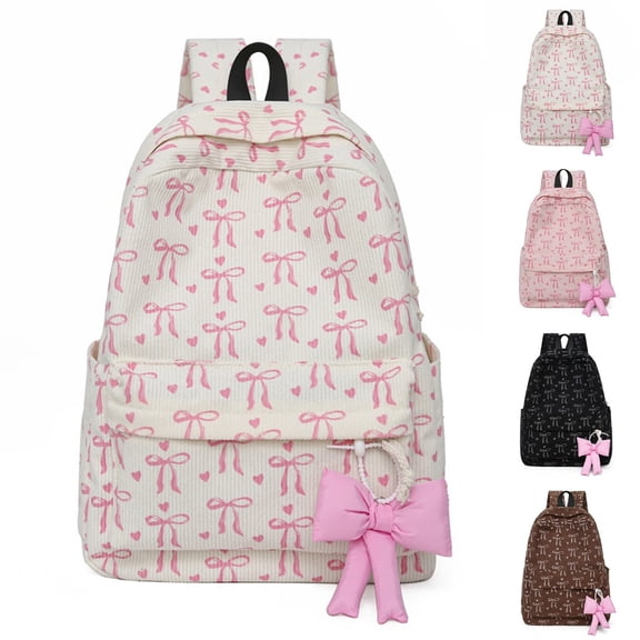 Lusa Corduroy Bow Print Backpacks for Students Preppy 15 Inch Large Capacity Double Shoulder Schoolbag Trendy Versatile Lightweight Casual Back to School Season Bookbag White One Size