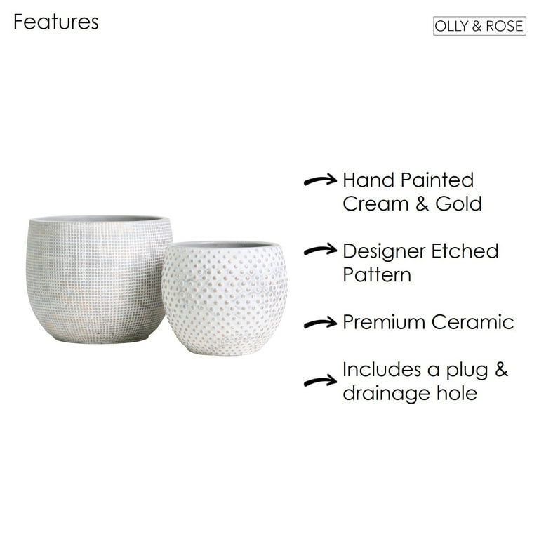 Olly & Rose Ceramic White Gold Plant Pot Set 2 - 6.7 and 5.5 Indoor  Planters Cement Outdoor 