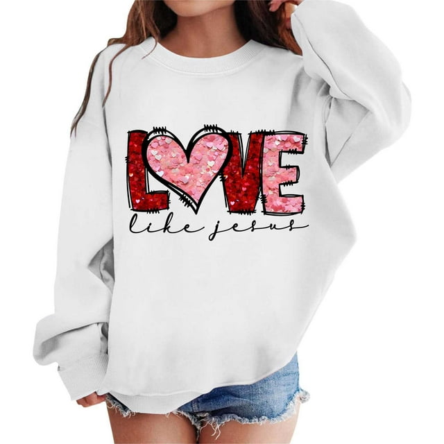 FAOWME Chandail en Molleton Graphique pour Filles Col Rond Manches Longues Mignon Épaule Tombante Chandail Blanc 6-7 Ans