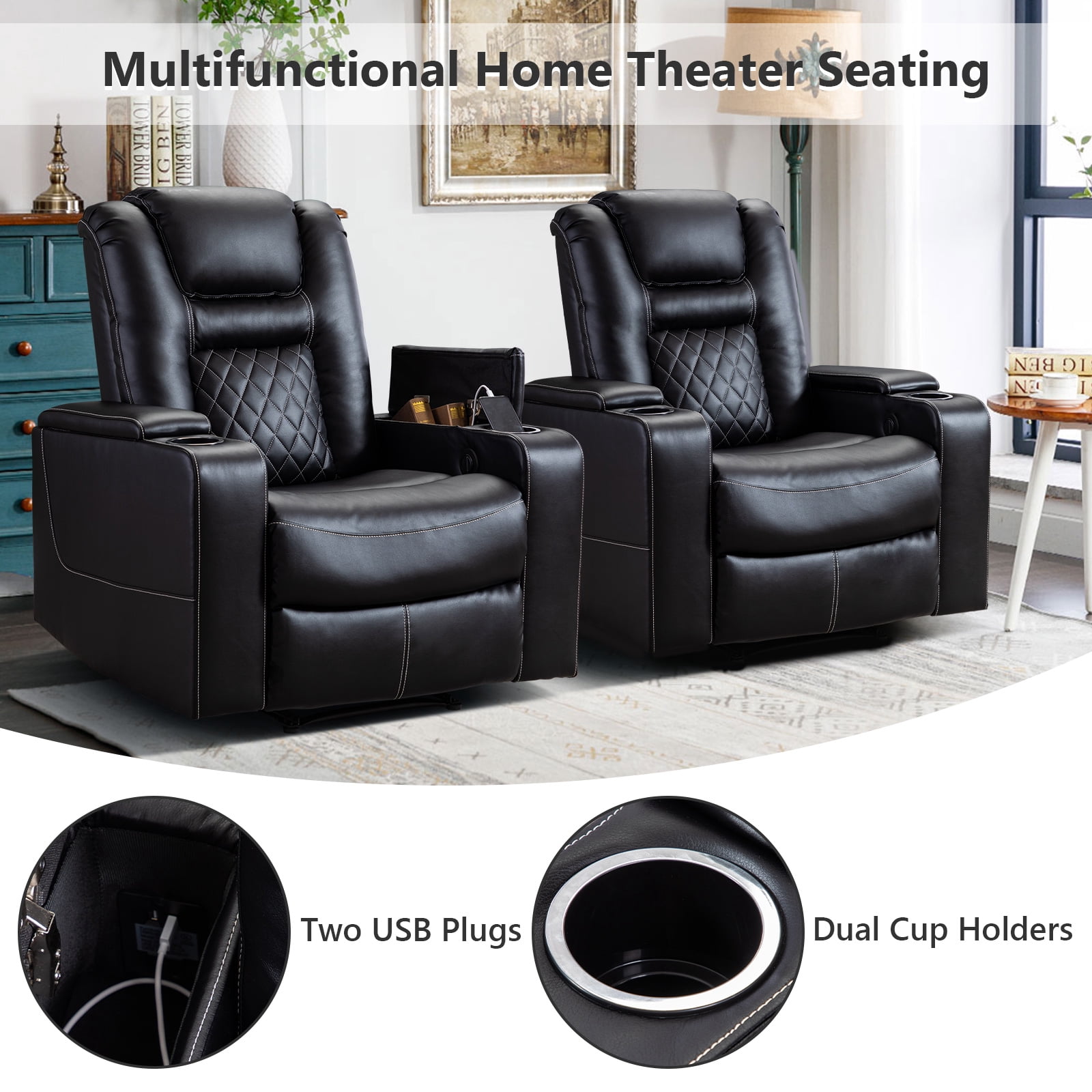 Bonzy Home Power Electric Recliner Chair Set of 2 with USB Ports and Cup Holders Leather Home Theater Seating, Living Room Chair Black