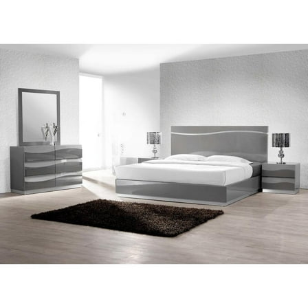 3PC California King Size Modern Bedroom Set, LED Light Platform Bed, Dresser and Mirror, Gray Lacquer Finish