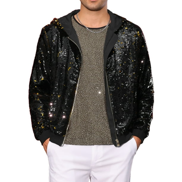 Chaqueta de lentejuelas INSPIRE CHIC para hombre, con mangas largas, cierre de cremallera, chaqueta con lentejuelas brillantes metálicas, talla XL, negra