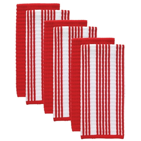 Solid and Stripe Waffle Kitchen Towel, Six Pack, Red