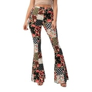 2Chique Boutique Women's High Waisted Floral Patchwork Print Bell Bottom Pants