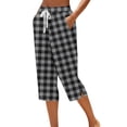 thumbnail image 2 of Zysthvn Summer Casual Capri Pants for Women Cropped Straight Leg Plaid Womens Pants Button Loose with Pockets Drawstring, 2 of 5
