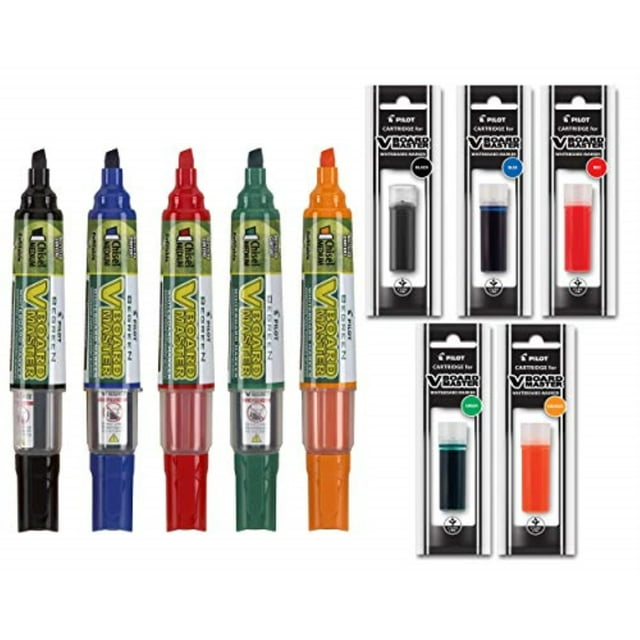 Marqueurs Effaçables à Sec Rechargeables, Pilote BeGreen V Board Master Couleurs Assorties, Lot de 5 avec 1 Recharge pour Chaque Marqueur