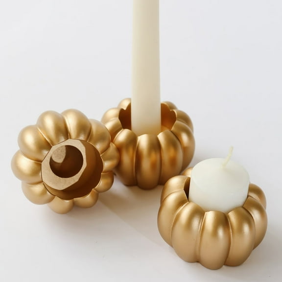 Kate Aspen 2-in-1 Gold Pumpkin Candle Holder Set – Fall Taper, Tealight & Votive Candle Holders – Thanksgiving Table Decor, Pumpkin Centerpieces, Halloween Candlestick Holder (Set of 6)