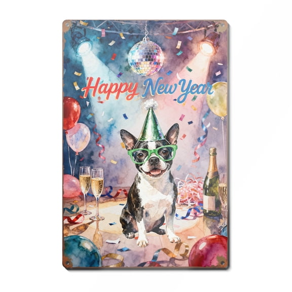 Happy New Year Boston Terrier Chills on Year-End Party Vertical Metal Aluminum Sign Gentleman Dog Lover Gifts Wall Art Home Decor - 12023