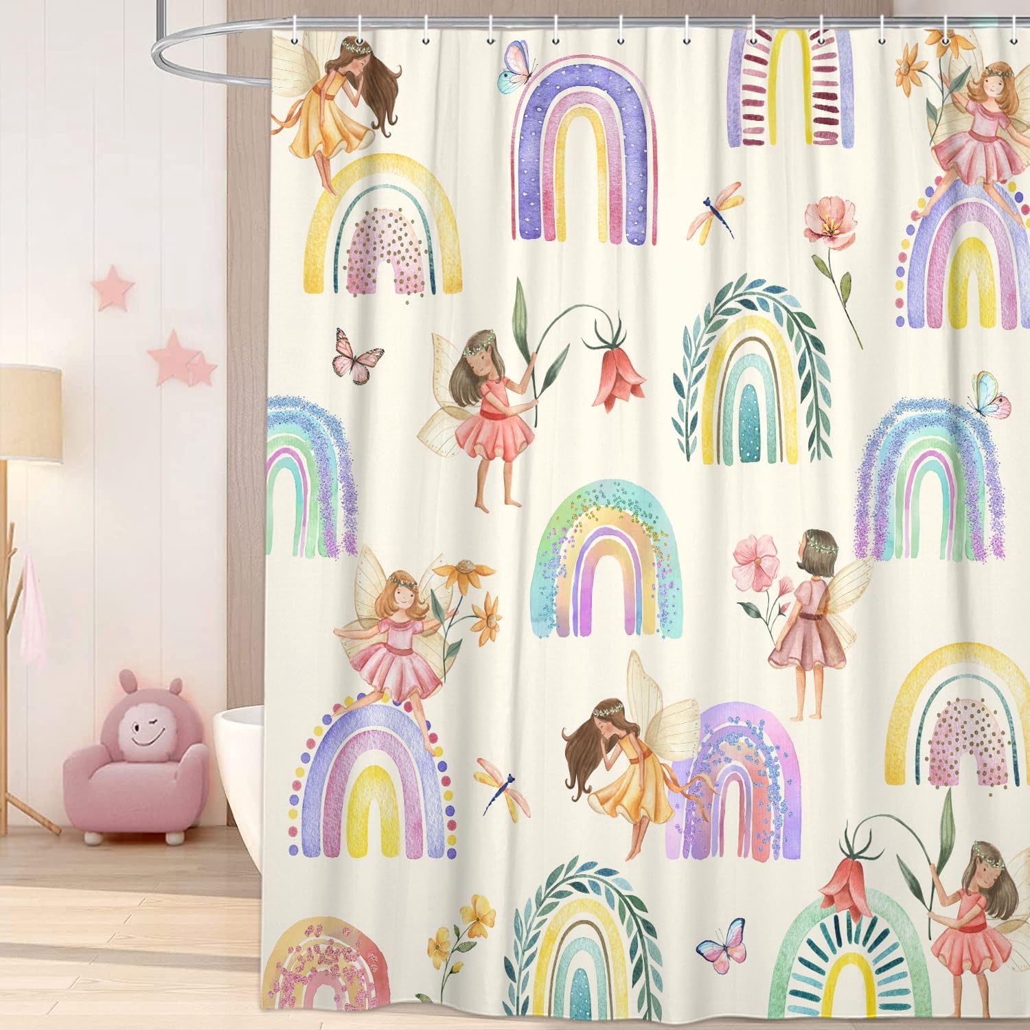 Kids Shower Curtain, Boho Rainbow Shower Curtain Set for Baby Girls Bathroom, Cute Modern Toddler Fairy Fabric Shower Curtain Restroom Bathtub Decor Accessories with Hooks 72X 72 inch