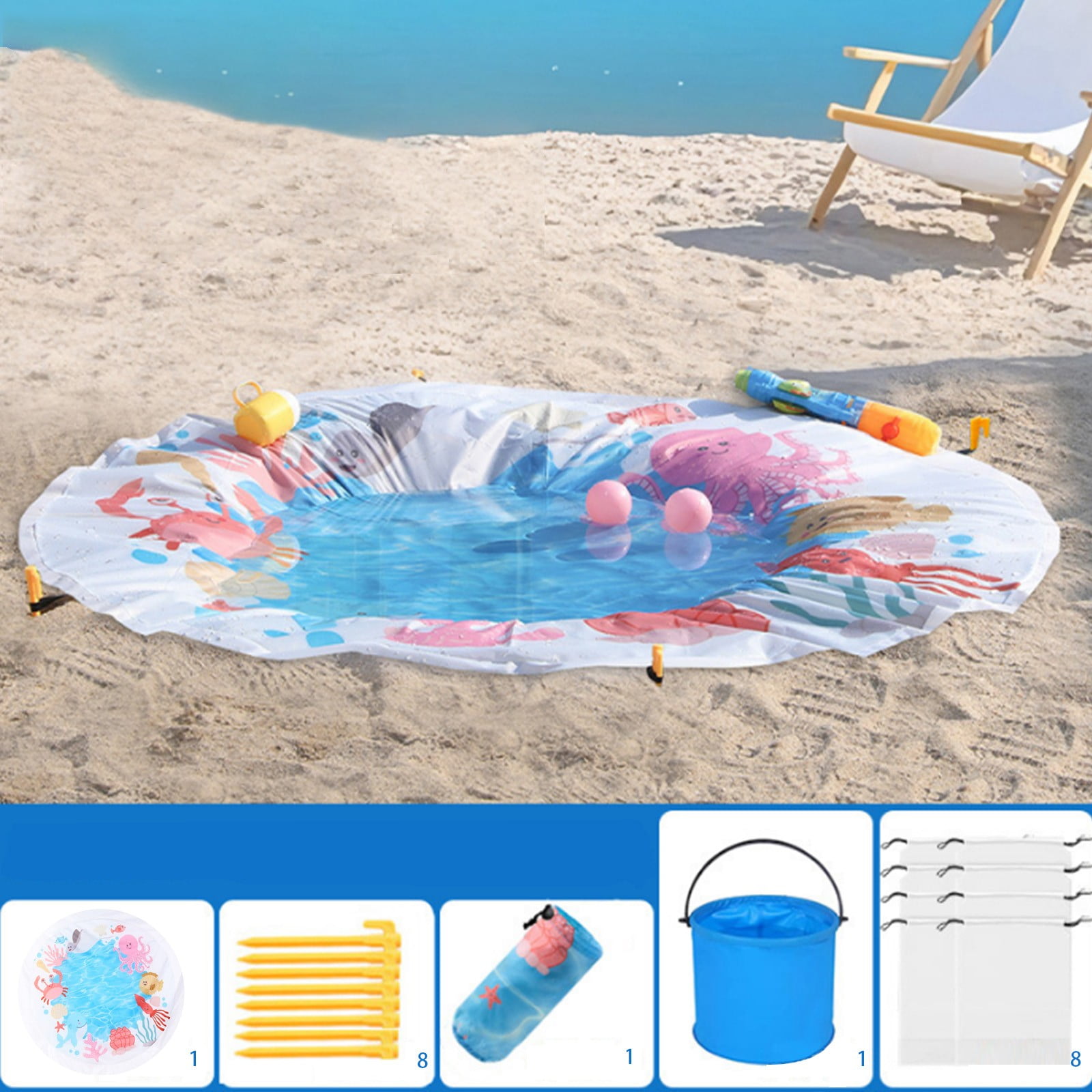 2-in-1 Portable Baby Beach Mat and Kiddie Pool, Foldable Outdoor Play Mat for Sand and Water with Storage Bag